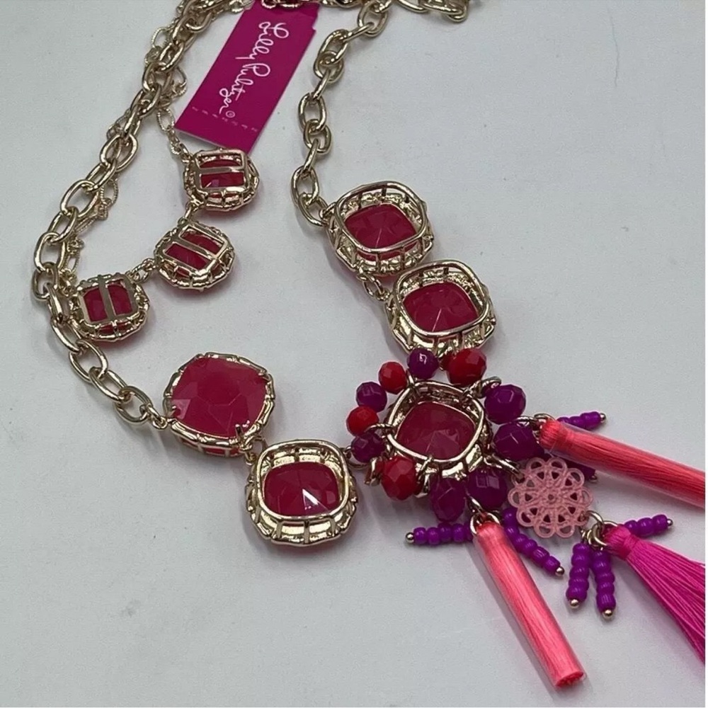 NWT Lilly Pulitzer Coral Pink Tassel Statement Necklace Gold Double Strand - Picture 9 of 11